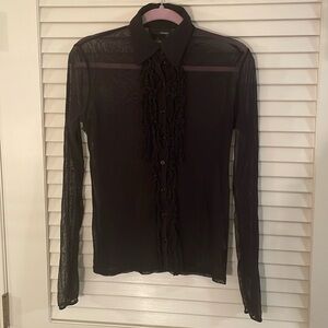 Hennes Black Nylon Mesh Ruffled See Through Button Down Blouse
